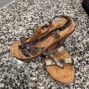 Kork-Ease Metallic Silver Snake-Print Cork Wedge Sandals